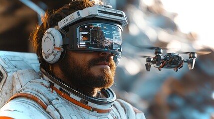 Astronaut exploring virtual reality in a space laboratory with advanced technology