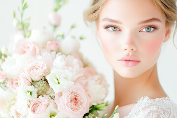 Obraz premium Radiant bride holding soft pastel roses, symbolizing love, elegance, and new beginnings on her wedding day. 