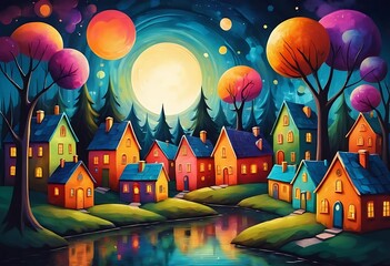 oil painting.Night in a seaside village.Houses with lights in the windows. There is wide moon walk on the sea surfase.