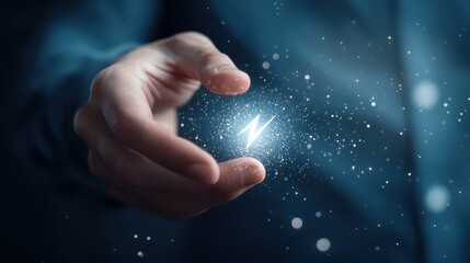 A hand holding a physical Bitcoin, with a digital lightning bolt projected onto its surface, bridging the gap between traditional and modern finance.