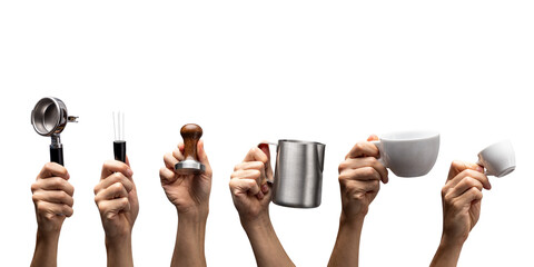 Various hands holding espresso tools and cups isolated from background