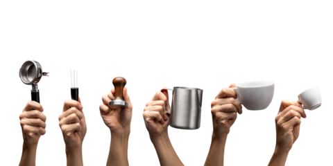Various hands holding espresso tools and cups isolated from background