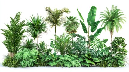 A collection of various tropical plants and foliage arranged for decorative purposes.