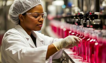 A black woman works on an engraved medical vial production line.