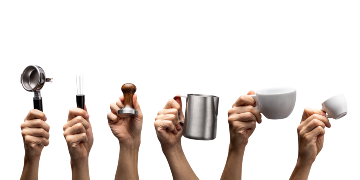 Various hands holding espresso tools and cups isolated from background