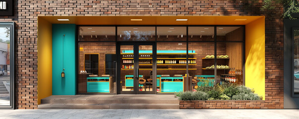 Contemporary storefront in brown and yellow with turquoise highlights and a modern brick wall. The color contrast provides a bright, stylish appeal