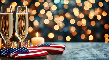 Celebratory scene with sparkling wine glasses and patriotic decor, perfect for festivities.
