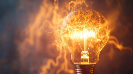 A glowing light bulb with intricate filaments, casting a warm, fiery glow against a blurred abstract background.