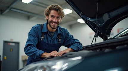 Friendly Mechanic Working on a Car in a Modern Garage