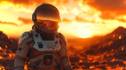 First steps of an astronaut exploring the Martian landscape during sunset
