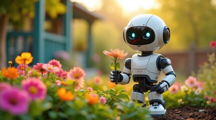 A Friendly Robot Tending to a Vibrant Flower Garden