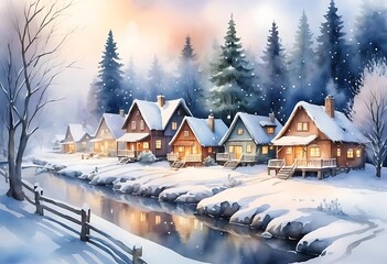 Fototapeta premium Oil paintings rural landscape, house in the snow. Winter sunset in snowy forest, old house in the forest. Fine art