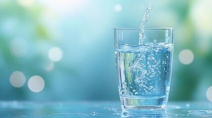 Clear Glass of Water with Bubbles on Soft Blue Background