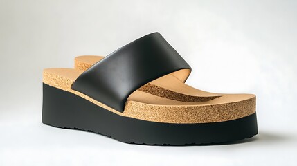 Black Leather Platform Sandals with Cork Sole