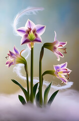 Fototapeta premium Beautiful Amaryllis flowers with translucent petals showcasing iridescent hues, creating a surreal and magical ambiance, cool spectrum amaryllis flowers. Created with generative AI