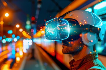 Futuristic businessman engaging with advanced technology in a virtual reality setting
