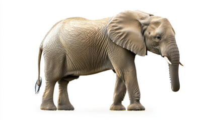 Fototapeta premium A majestic elephant stands gracefully on a white background, showcasing its wrinkled skin and large ears.