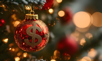  Dollar Symbol Ornament on Christmas Tree Highlighting Holiday Expenses and Festive Costs 