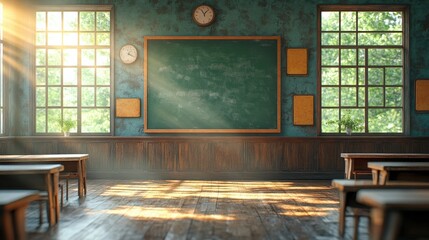 Bright and Inviting Classroom Interior with Natural Light, Chalkboard, Wooden Desks, and Green Windows Inspired by a Peaceful Learning Environment