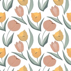 Spring seamless pattern with bright tulips. Stock illustration on a white background. Designed for wrapping amd fabric textile.