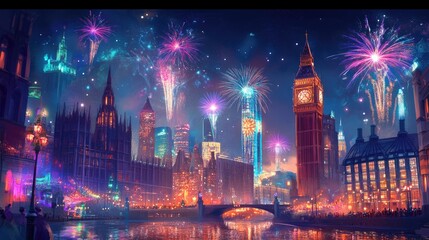 Obraz premium Festive London cityscape at night with fireworks reflecting on water.
