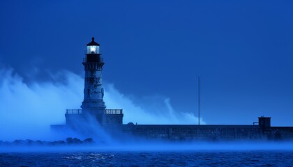A beacon of hope  a lighthouse illuminates the isolated sea amidst the whirling fog