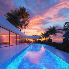 Fototapeta premium A luxurious tropical villa with a stunning swimming pool, featuring glowing LED lights, offering an exclusive, upscale hotel-like experience, perfect for those seeking a premium lifestyle and top-tier