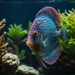 Obraz premium A vibrant discus fish with intricate patterns swimming in a planted aquarium.