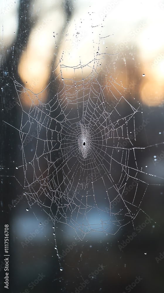 Poster a close-up of a spider web with droplets of water, reflecting soft light in the background.