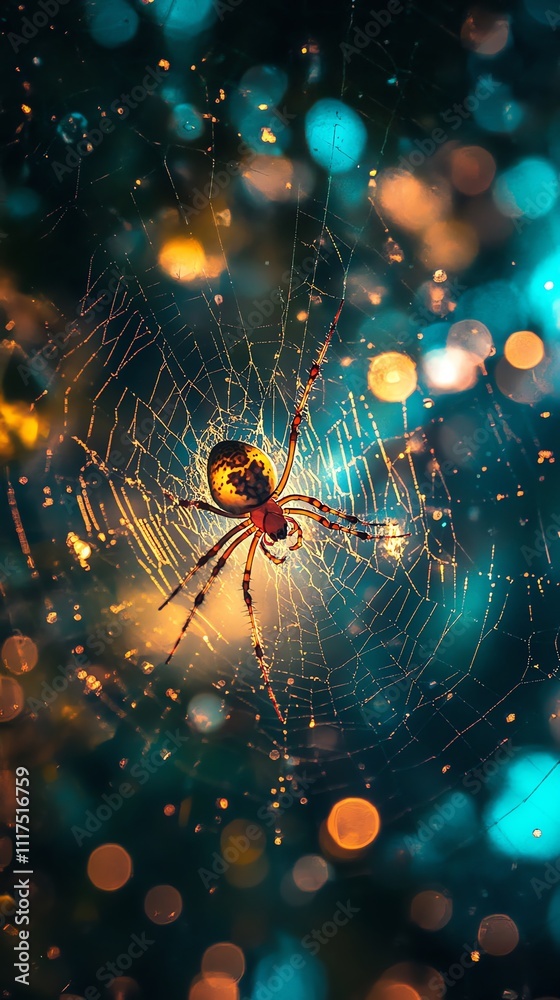 Aufkleber A close-up of a spider in its web, illuminated by colorful bokeh lights.