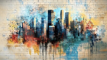 Urban Skyline Watercolor Painting on Brick Wall