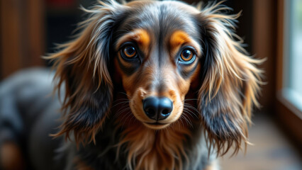 A long-haired dachshund with sad eyes looking up.