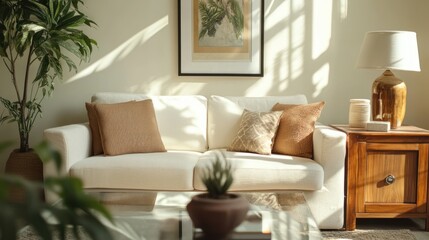 Fototapeta premium A cozy living room scene with a sofa, decorative pillows, a side table, and plants.