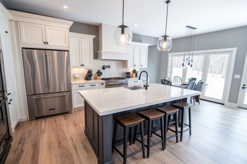 Family kitchen with island seating and kid-friendly design modern home interior space bright environment open view cozy concept for ultimate family gatherings