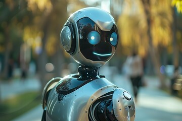 Fototapeta premium A friendly robot with bright eyes standing in a vibrant outdoor environment.