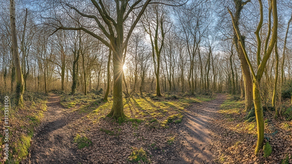 Poster sunlit forest path with bare trees and mossy ground