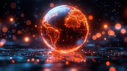 Obraz premium Glowing Digital Earth with Orange Lights and Points of Connectivity Showcasing Global Presence and Interconnectedness in a Futuristic Setting