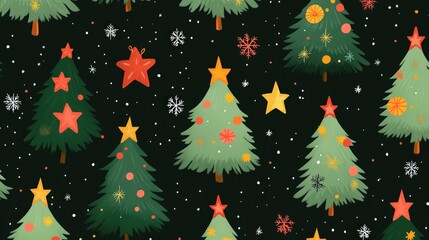 Fototapeta premium Festive Christmas Trees Pattern Decorated With Stars And Snow