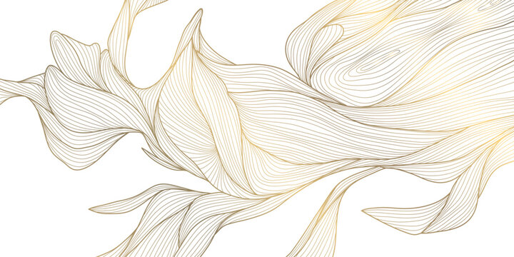 Vector gold leaf pattern, luxury flower pattern, japanese botanical illustration, line wave drawing. Plant ornament, wallpaper, spring element