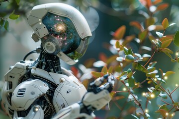 Fototapeta premium A futuristic robot exploring nature with a cosmic backdrop in a tranquil environment.