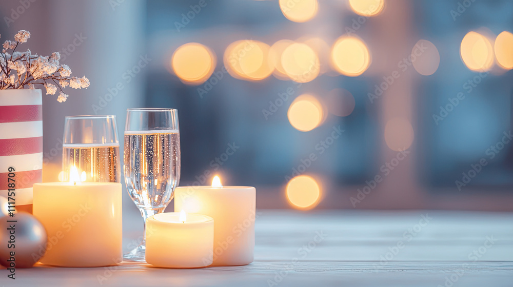 Poster festive table setting with sparkling drinks, candles, and soft bokeh lights.