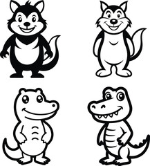 A Cute Tasmanian And A cute Crocodile Line art vector illustration