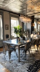 Naklejka premium 120. An elegant dining room showcasing stainless steel furniture and decor