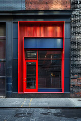 Obraz premium Contemporary storefront with red and blue elements, juxtaposed against a classic brick wall. The bright, detailed design adds a lively contrast to the urban backdrop