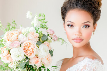 Naklejka premium Radiant bride holding soft pastel roses, symbolizing love, elegance, and new beginnings on her wedding day. 