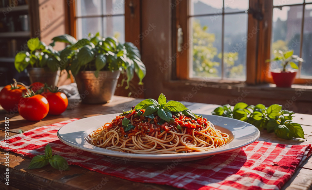 Aufkleber Plate of spaghetti with meat sauce and basil on top. There are also tomatoes and basil on the table