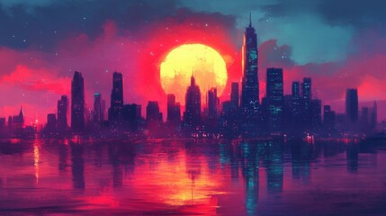 Vibrant Cityscape at Sunset Featuring Reflections on Water with Bright Colors and Silhouetted Buildings under a Colorful Sky