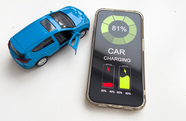 Mobile phone displaying Electric Car EV battery charging station charging in car port, efficient sustainable eco environmental power energy fueling industry of eclectic vehicle car transportation