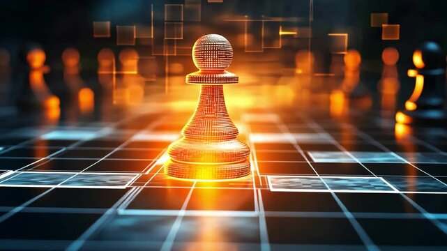 A close-up of a pawn chess piece surrounded by glowing lights and a blurred chessboard background.