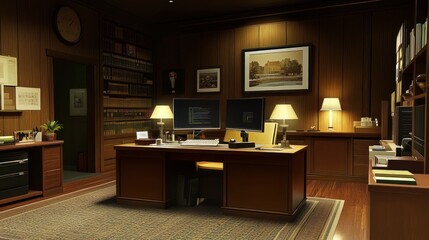 Elegant Wood Paneled Office With Computer Setup